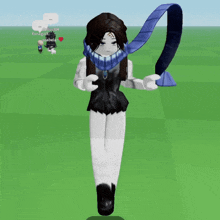 a girl with a blue scarf around her neck is standing in a green field