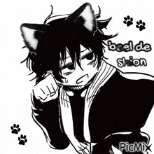 a black and white drawing of a cat boy with cat ears .