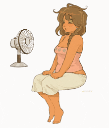 a cartoon drawing of a woman sitting in front of a fan with the name viies written below her