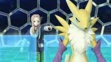 a yellow and white fox standing next to a girl
