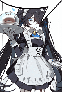 a girl in a maid costume is holding a tray of food