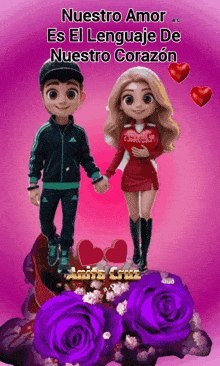 a cartoon of a boy and a girl holding hands with the words nuestro amor