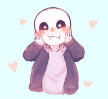 a drawing of a skeleton with hearts around him by soikae