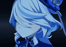 a close up of a blue haired anime character with blue eyes