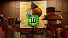 a statue with a green circle with the letter t on it