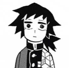 a black and white drawing of a young boy with long hair and a serious look on his face .