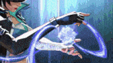 a cartoon drawing of a woman holding a sword and a purple object