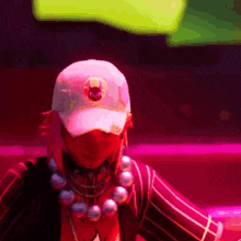 a cartoon character wearing a white hat and a necklace