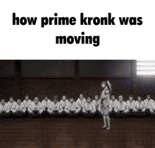 a group of people are sitting in a room with the words how prime kronk was moving on the bottom