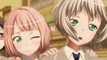 a group of anime girls are standing next to each other and one of them has a surprised look on her face