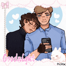 a drawing of two men taking a selfie with the words goodnight written on the bottom