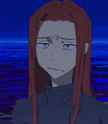 a drawing of a woman with long red hair making a sad face