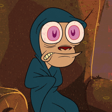 a cartoon character with a blue hoodie and purple eyes