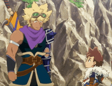 a man with a purple scarf around his neck stands next to another man