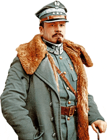 a man in a military uniform with a fur collar and a hat with three stars on it