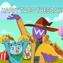 a happy taco tuesday cartoon with a blue bird and a wizard
