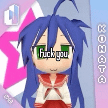 a cartoon character with blue hair and green eyes says fuck you
