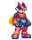 a pixel art of a cartoon character standing on a white background holding a sword .