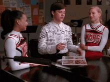 a group of cheerleaders wearing wmhs uniforms