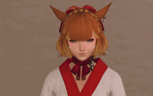a close up of a woman 's face with a red and white costume
