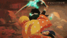 a couple of anime characters are fighting each other with a sword in a dark room .