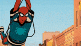 a cartoon of a spider man hanging from a rope in front of buildings