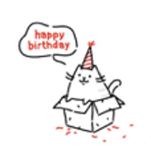 a cat is sitting in a box with a party hat on and a speech bubble that says `` happy birthday '' .