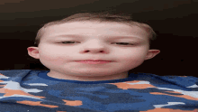 a young boy wearing a blue and orange camo shirt looks at the camera