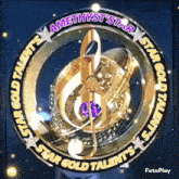a logo for amethyst star star gold talents with a treble clef in the center