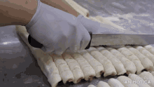 a person is cutting dough with a knife and the words made in animatica are visible