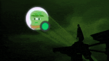 a silhouette of a man standing in front of a green circle