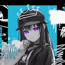 a girl with purple eyes wearing a nun nun shirt