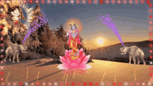 a painting of a woman standing on a lotus flower with two elephants in the background