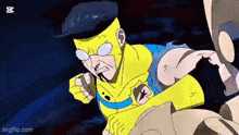 a cartoon of a man in a yellow superhero costume is fighting another man in a blue hat .