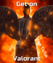 a poster that says get on valorant with a person with wings