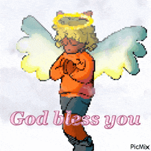 a pixel art angel with the words god bless you below it