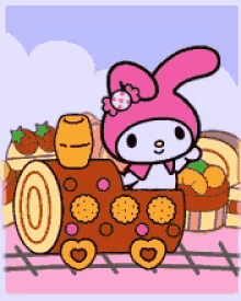 a cartoon of a pink bunny riding a train