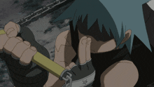 a cartoon character is holding a yellow stick with a chain around his arm