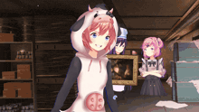 a girl in a cow costume holds a framed painting