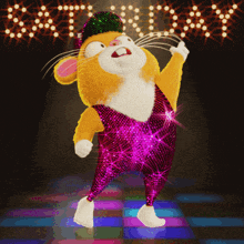 a cartoon hamster is dancing on a dance floor with the word saturday behind him