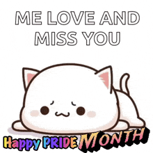 a cartoon cat is laying down with the words `` me love and miss you '' written on it .