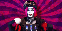 a woman in a steampunk costume is holding a piece of food in her hand