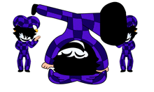 a cartoon character is doing a handstand in a purple and black checkered outfit