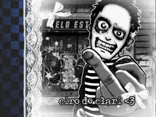 a black and white drawing of a man pointing at the camera with the words ciro declari < 3 below him