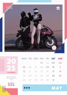 a calendar for the month of may shows a man and a woman standing next to a pink motorcycle