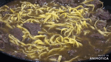 a close up of noodles and meat in a pan that says made in animotica on the bottom