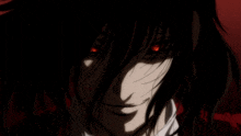 a dark haired anime character with red eyes