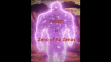 a poster of a purple superhero with the words " vebzer is zeno of all zenos "