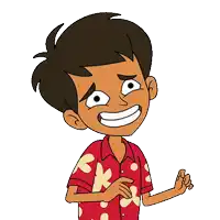 a cartoon boy wearing a red shirt with flowers on it