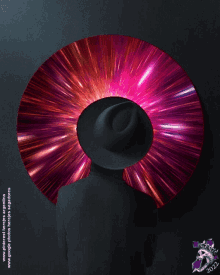 a person wearing a black hat with a pink circle around their neck